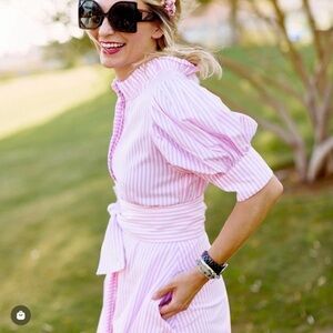 Buru Pink White Stripes Midi Dress Size Large Button Down Grandmillenial Classic